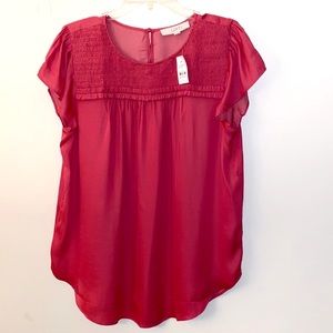 Loft Smocked Cap Sleeve Blouse, SZ L, Rose